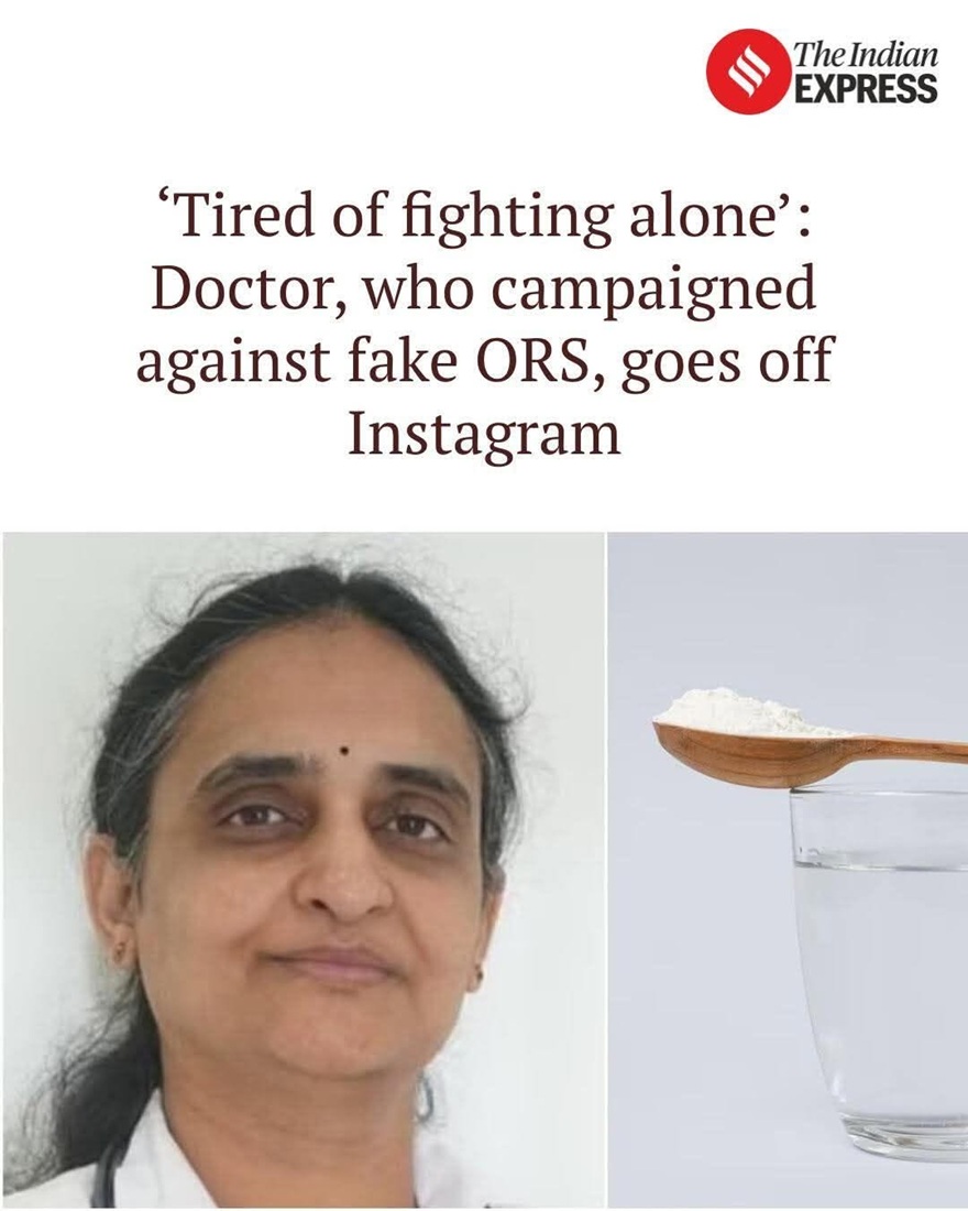 Headline: 'Tired of fighting alone': Doctor who campaigned against fake ORS goes off Instagram; collage shows a woman doctor and a spoon with powder over a glass of water, logo top-right.