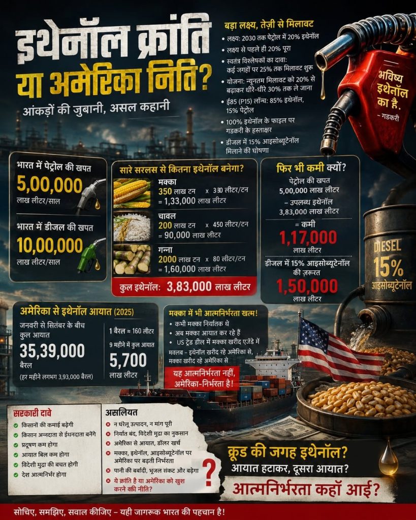 ethenol | No. 1 Indian Media News Portal Hindi infographic explaining 'Is oil crisis coming?' with data on India's fuel demand and imports, US oil supply, fuel price implications, and potential future scenarios. Includes images of a gas pump, ships, oil barrels, and bullet lists of statistics and forecasts in multiple boxes for quick reading.