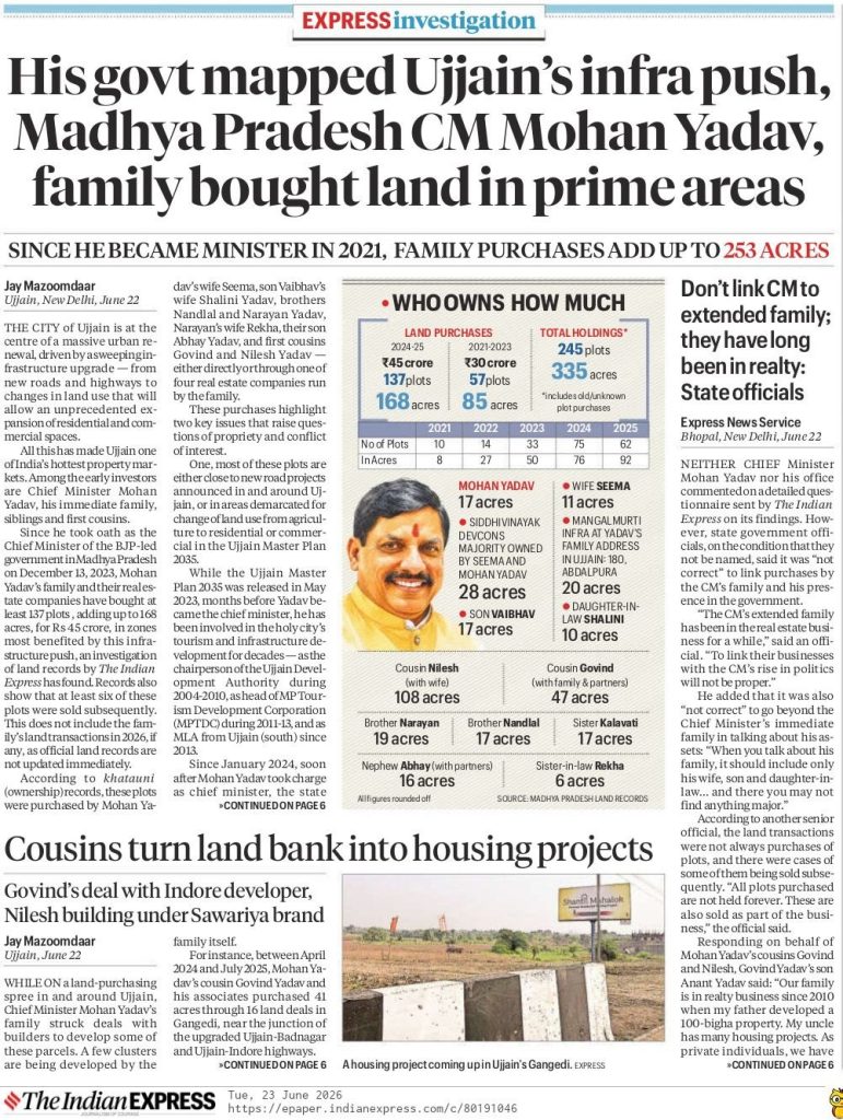 express | No. 1 Indian Media News Portal Front page of Express Investigation with a bold headline about the government’s infra push and Mohan Yadav; includes a photo of Mohan Yadav and a chart of land purchases.