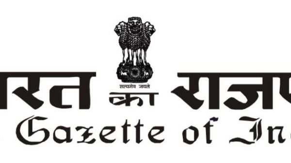Masthead of The Gazette of India with the Ashoka Pillar emblem and bold Hindi title over a serif English subtitle.