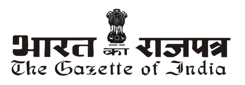 Masthead of The Gazette of India with the Ashoka Pillar emblem and bold Hindi title over a serif English subtitle.