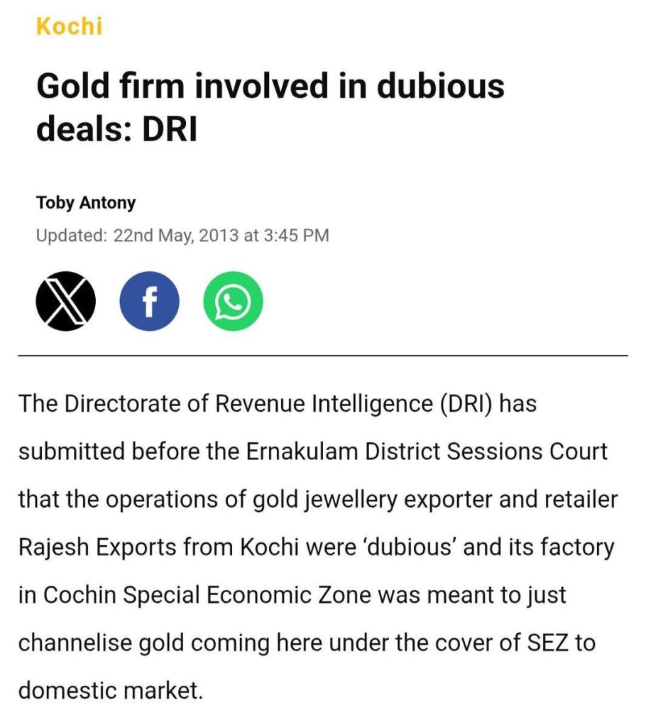 Kochi news article with headline 'Gold firm involved in dubious deals: DRI', by Toby Antony, updated May 22, 2013; social sharing icons below.