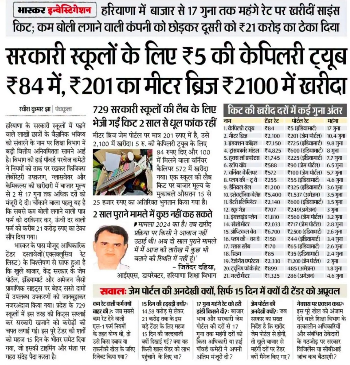 Front page of a Hindi newspaper featuring a large headline about government schools receiving a ₹5 cap and related purchases, with a photo of a man and a timeline/table of figures on the right.