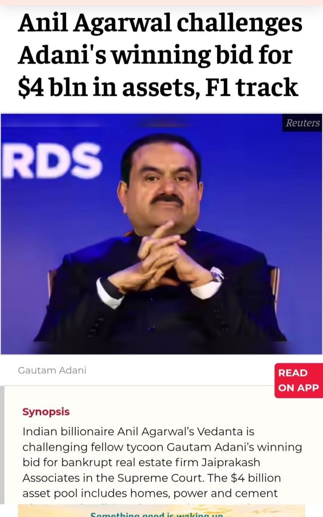 img_8779 | No. 1 Indian Media News Portal News headline about Anil Agarwal challenging Adani's B bid for assets and an F1 track. Photo shows a man in a dark suit with clasped hands, Reuters watermark nearby.