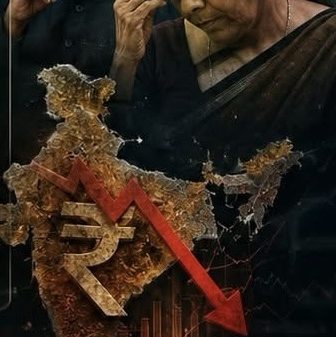Collage of Indian political figures with a cracked India map, a rupee symbol, and a red downward arrow symbolizing economic decline
