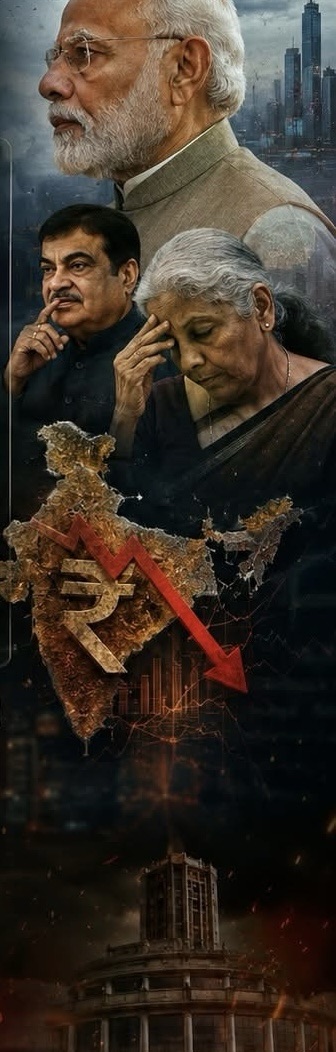 Collage of Indian political figures with a cracked India map, a rupee symbol, and a red downward arrow symbolizing economic decline