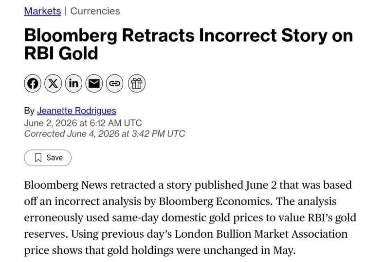 Bloomberg article headline:'Bloomberg Retracts Incorrect Story on RBI Gold' by Jeanette Rodrigues, June 2, 2026 (updated/corrected).