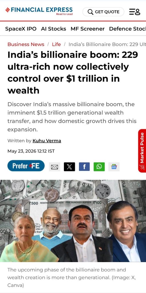 img_8944 | No. 1 Indian Media News Portal Web article page titled 'India’s billionaire boom: 229 ultra-rich now collectively control over trillion in wealth'; below is a collage photo of four Indian businesspeople with a background of Indian banknotes.