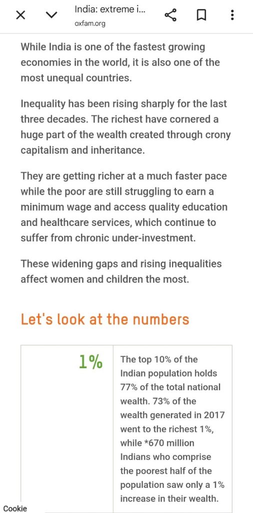 img_8945 | No. 1 Indian Media News Portal Oxfam article on India's wealth inequality: text about rising inequality and a highlighted 'Let's look at the numbers' section with a 1% wealth share box.