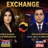 Two news anchors in formal attire stand on opposite sides with a circular red–orange arrow graphic between them and the word EXCHANGE above; newsroom backdrop with Times Now Navbharat and News18 logos.
