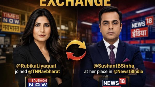 Two news anchors in formal attire stand on opposite sides with a circular red–orange arrow graphic between them and the word EXCHANGE above; newsroom backdrop with Times Now Navbharat and News18 logos.