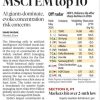 Newspaper front page: headline says India Inc out of MSCI EM top 10; AI giants dominate; stock table on the right and article text on the left.