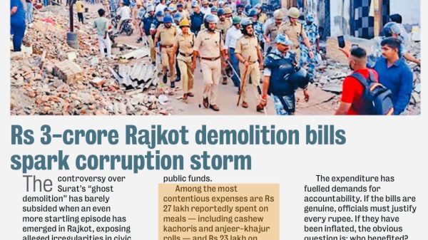 News image: police amid rubble and a crowd, accompanying a headline about Rs 3-crore Rajkot demolition bills and a corruption storm