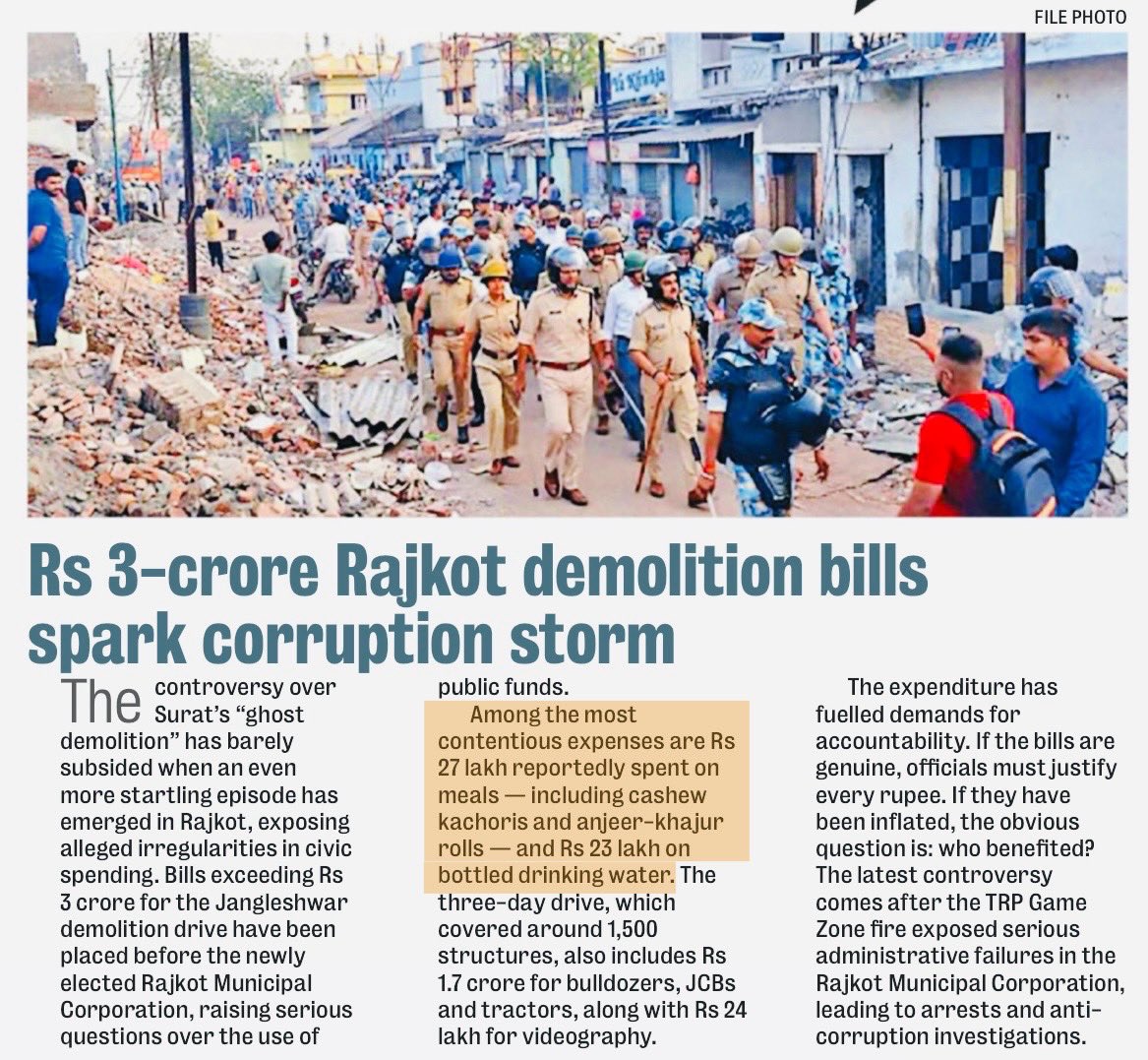 News image: police amid rubble and a crowd, accompanying a headline about Rs 3-crore Rajkot demolition bills and a corruption storm
