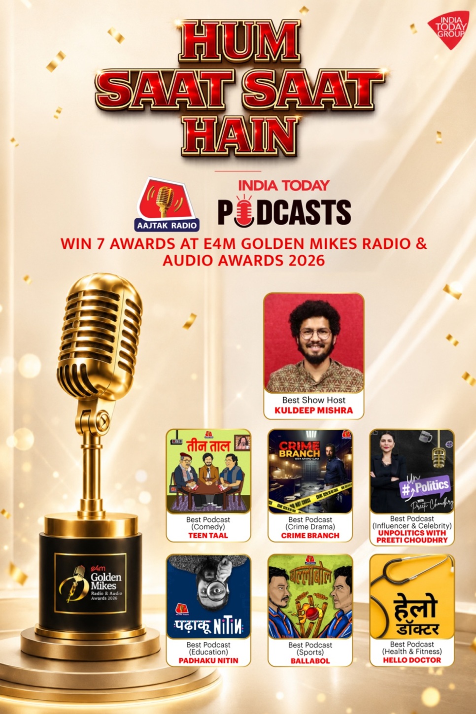 Gold-themed poster announcing Hum Saat Saat Hain podcast awards with a large golden microphone trophy and nominee tiles for Best Podcast categories.
