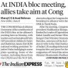 Front page of The Indian Express with the headline “At INDIA bloc meeting, allies take aim at Cong,” by Manoj CG & Asad Rehman, June 8, and two columns of article text.
