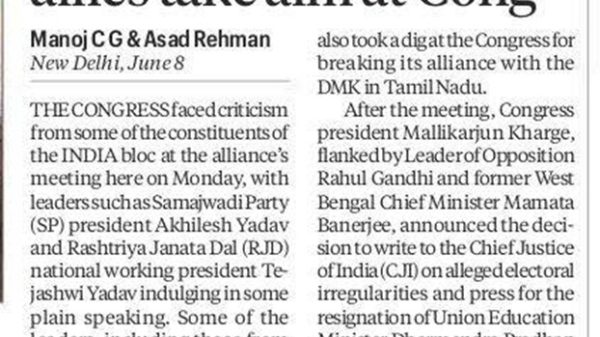 Front page of The Indian Express with the headline “At INDIA bloc meeting, allies take aim at Cong,” by Manoj CG & Asad Rehman, June 8, and two columns of article text.