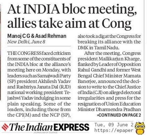 Front page of The Indian Express with the headline “At INDIA bloc meeting, allies take aim at Cong,” by Manoj CG & Asad Rehman, June 8, and two columns of article text.