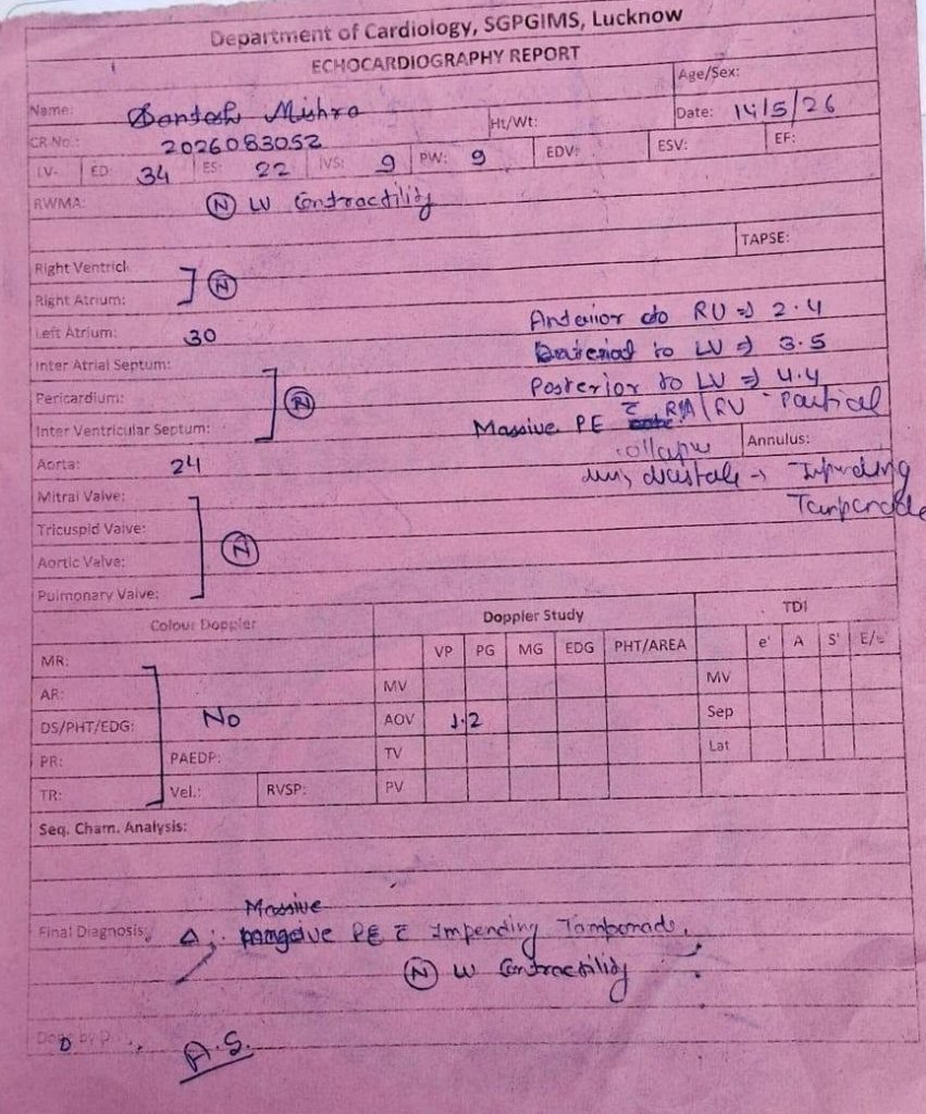Pink cardiology echocardiography report form with handwritten patient data and measurements on a desk surface (Lucknow, Department of Cardiology).