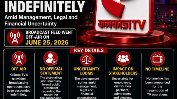 Bold red and white banner announces Kolkata TV goes off air indefinitely amid management, legal and financial uncertainty.