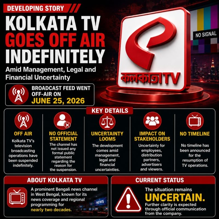 Bold red and white banner announces Kolkata TV goes off air indefinitely amid management, legal and financial uncertainty.