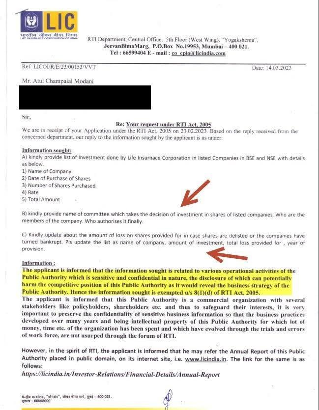Official LIC letterhead RTI Department requesting investment details and related information under the RTI Act 2005, with highlighted notes around required data and disclosures.