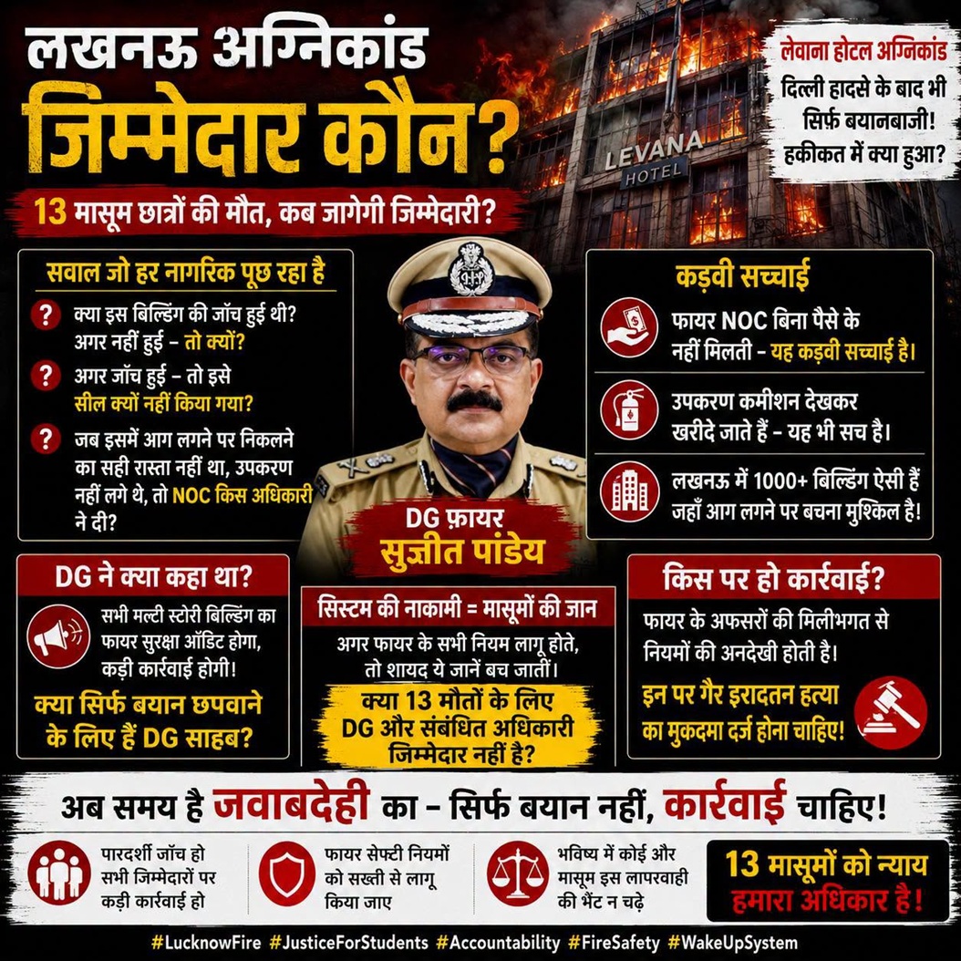 Hindi infographic about a Lucknow hotel fire, questioning 13 student deaths and demanding accountability, with a burning hotel image and a police officer portrait.