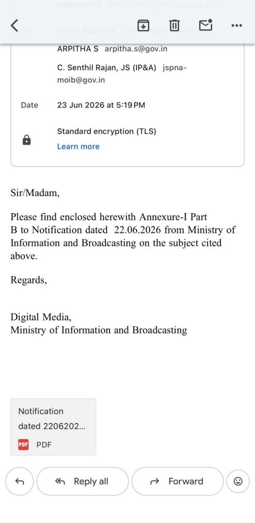 mib | No. 1 Indian Media News Portal Email text from the Ministry of Information and Broadcasting requesting Annexure-I Part B to a 22.06.2026 notification; includes a PDF attachment.