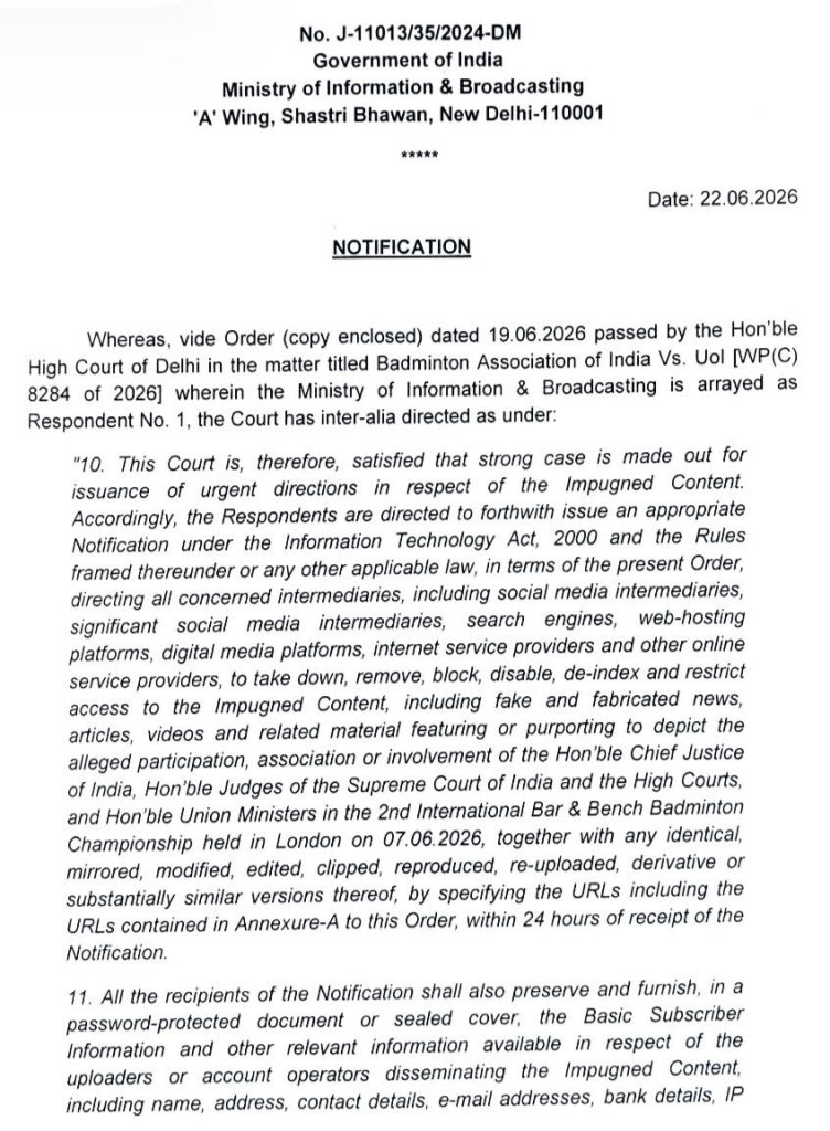 mib_1 | No. 1 Indian Media News Portal Page from a Government of India notification document, header shows Ministry of Information & Broadcasting and 'NOTIFICATION', dated 22.06.2026 on the right.