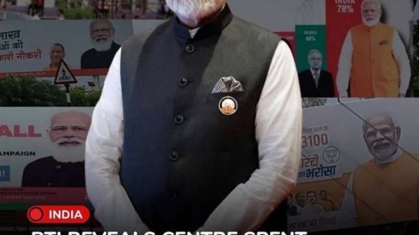 Narendra Modi stands in front of political posters as a news graphic claims RTI shows ₹2,586 crore spent on PM Modi ads since 2020.