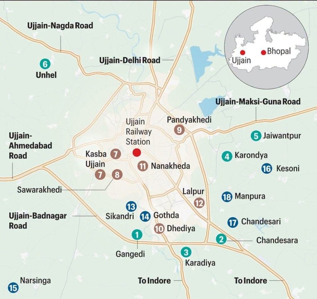 mohan Yadav_land | No. 1 Indian Media News Portal Map of Ujjain area showing roads, neighborhoods and numbered markers (blue, brown and red) for navigation or points of interest.