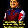Magazine cover portrait of a smiling man in a dark blue and red traditional vest on a black background; bold yellow headline claims his family bought up to 253 acres since he became minister in 2021, with 'Express Investigation' logo.