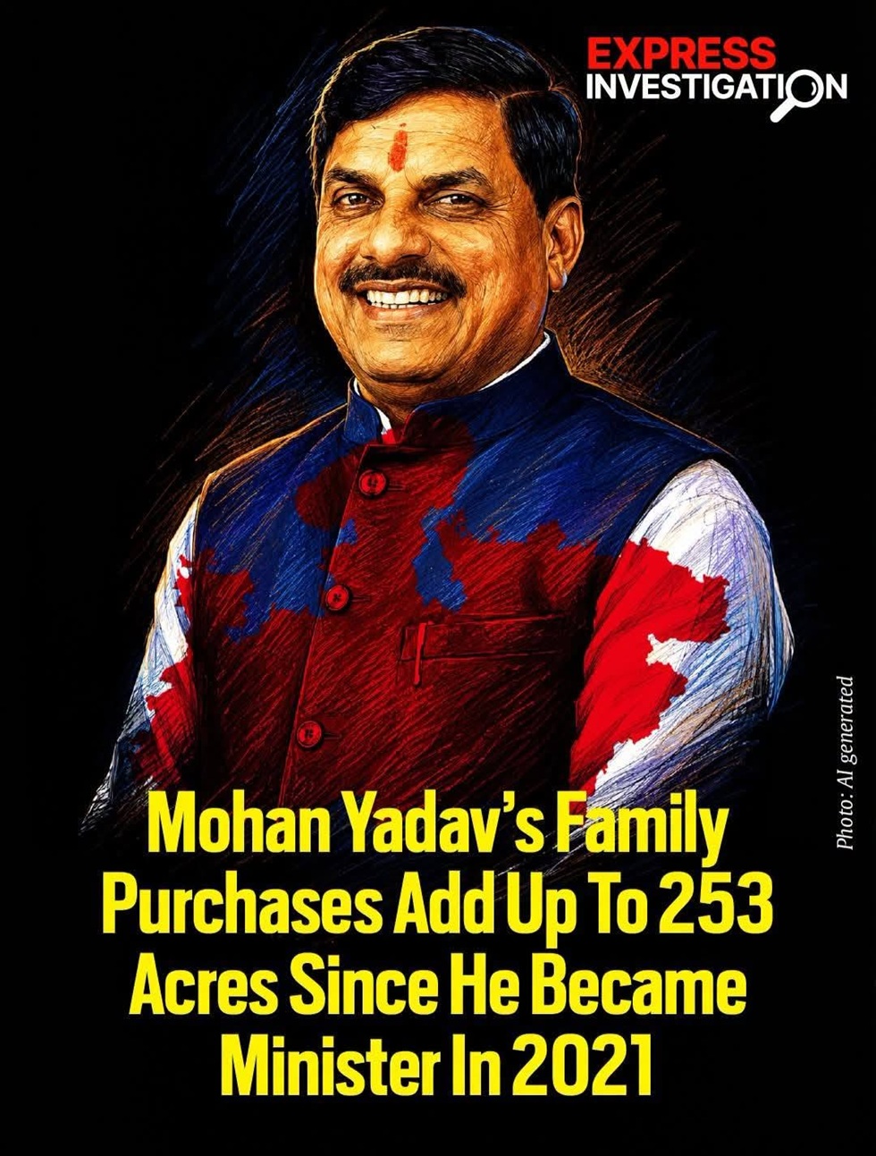 Magazine cover portrait of a smiling man in a dark blue and red traditional vest on a black background; bold yellow headline claims his family bought up to 253 acres since he became minister in 2021, with 'Express Investigation' logo.