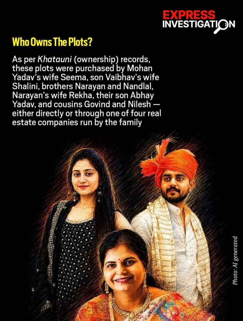 mohan leela_3 | No. 1 Indian Media News Portal Investigative news poster: three Indian people posing under a bold headline about who owns the plots, with Express Investigation logo in corner