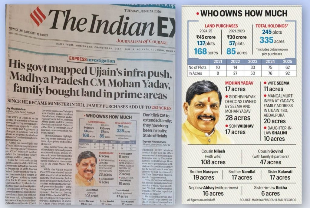 mohan yadav plot | No. 1 Indian Media News Portal Front page of The Indian Express newspaper with bold headline about Ujjain land purchases by Mohan Yadav family in Madhya Pradesh, June 23, 2026.