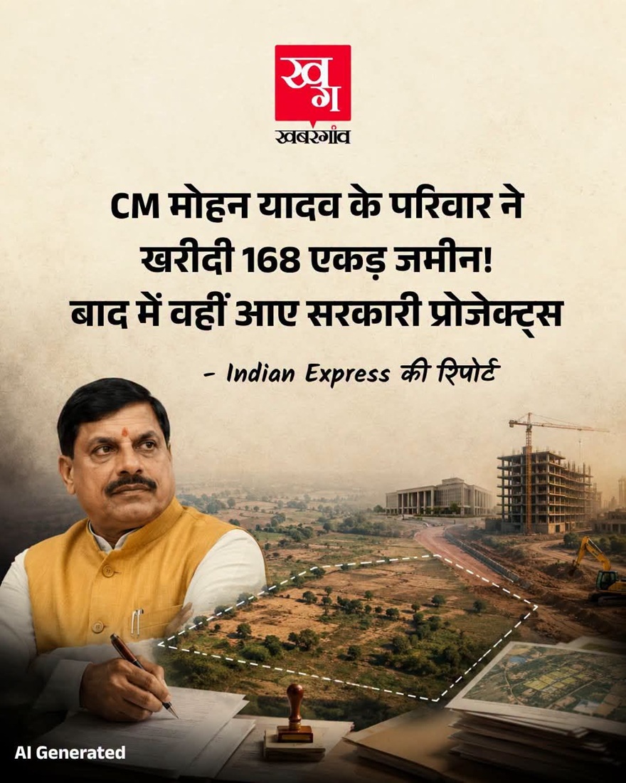 AI-generated Hindi news graphic: a government official at a desk with a land development site and map in the background.