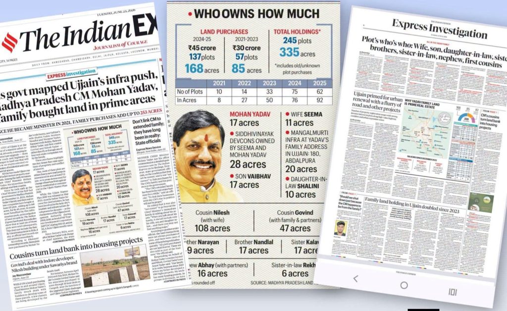 mohan_express | No. 1 Indian Media News Portal Composite image of multiple Indian newspapers with bold headlines about land ownership and family land purchases, plus a central infographic showing owners and acres.