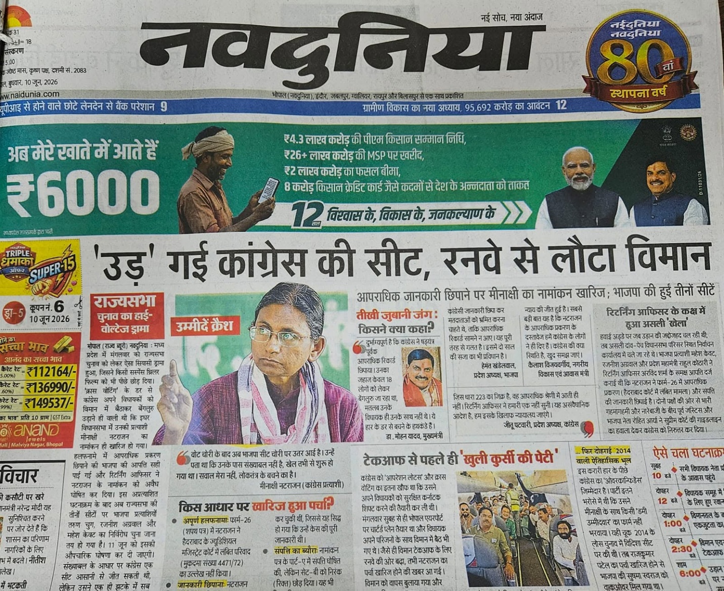 Front page of a Hindi newspaper with the large masthead 'Navduniya', a green political banner, and a bold Hindi headline about Congress seats, accompanied by photos of a man with glasses and two other men in a collage.