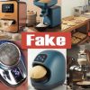 Collage of various kitchen gadgets (bread maker, grain mill, grinder, tortilla maker, and pastry equipment) with a bold red 'Fake' banner across the center.