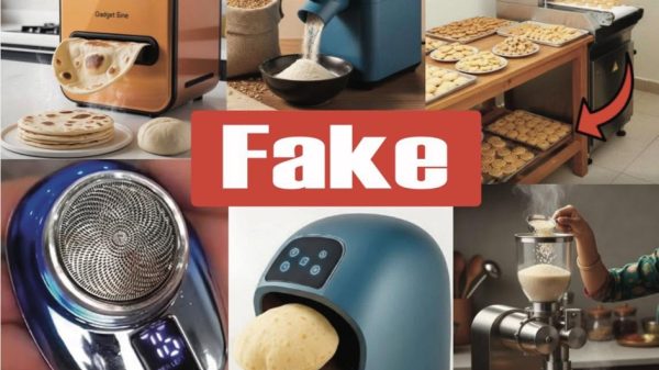 Collage of various kitchen gadgets (bread maker, grain mill, grinder, tortilla maker, and pastry equipment) with a bold red 'Fake' banner across the center.