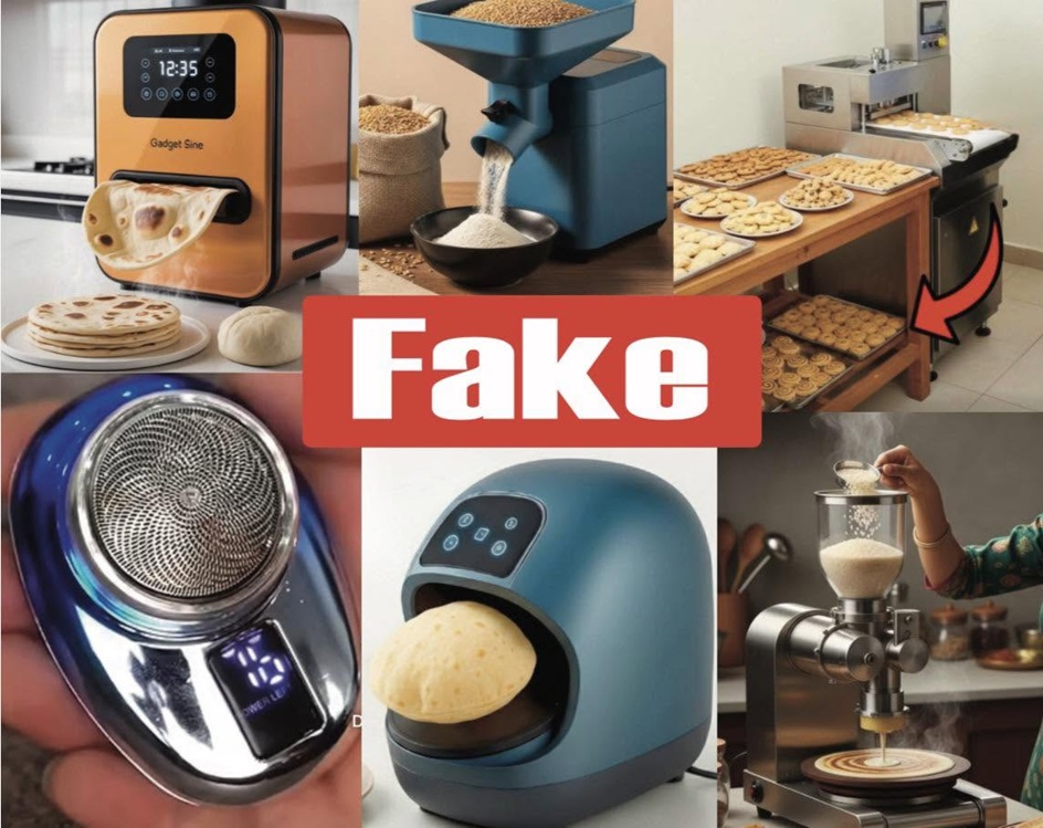 Collage of various kitchen gadgets (bread maker, grain mill, grinder, tortilla maker, and pastry equipment) with a bold red 'Fake' banner across the center.