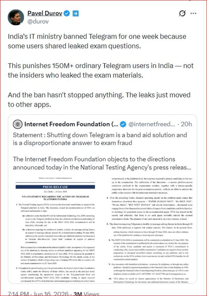 povel tweet | No. 1 Indian Media News Portal Tweet by Pavel Durov about India's one-week Telegram ban due to leaked exam questions and impact on users, with a cross-posted press release image.