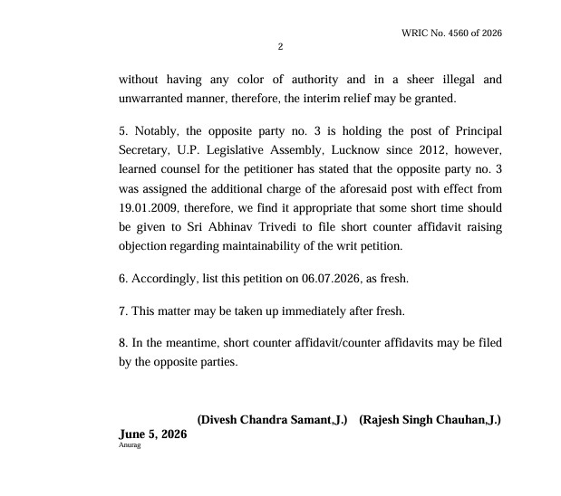 Page 2 of a petition (WRIC No. 4560 of 2026) with clauses 5–8 on interim relief and counter affidavits; signatures dated June 5, 2026.
