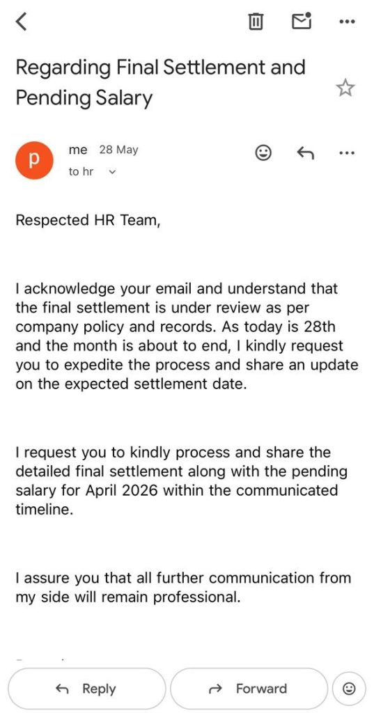 priyanshu_1 | No. 1 Indian Media News Portal Screenshot of an email titled 'Regarding Final Settlement and Pending Salary' from HR asking to share final settlement details and timeline for April 2026/end of month.