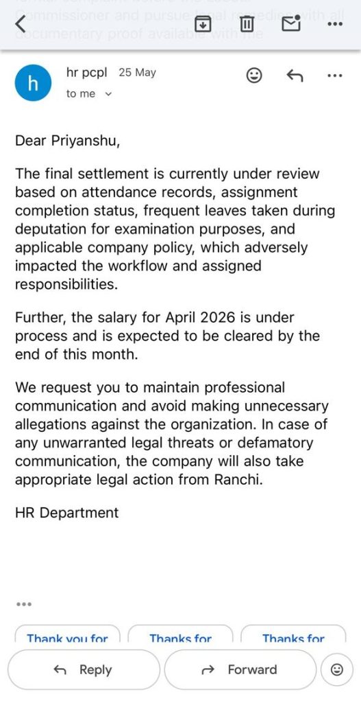 priyanshu_2 | No. 1 Indian Media News Portal Mobile email from HR about final settlement under review and April 2026 salary pending until end of the month
