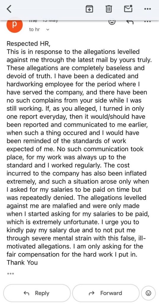 priyanshu_4 | No. 1 Indian Media News Portal Screenshot of an email to HR in which the sender defends their performance, claims salary is unpaid, and asks for fair compensation, ending with 'Thank You' (UI shows Reply and Forward options in a chat-like app).
