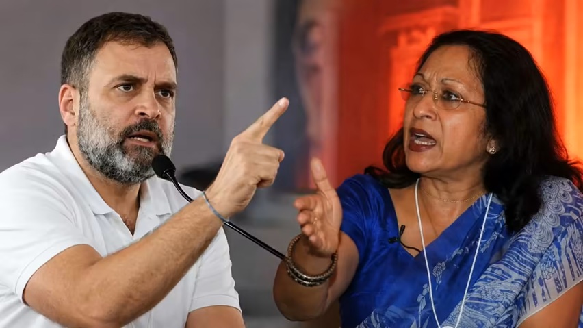 Two speakers in a debate: a man with a white polo points angrily while a woman in a blue sari gestures with her hands into a microphone on a panel set up.