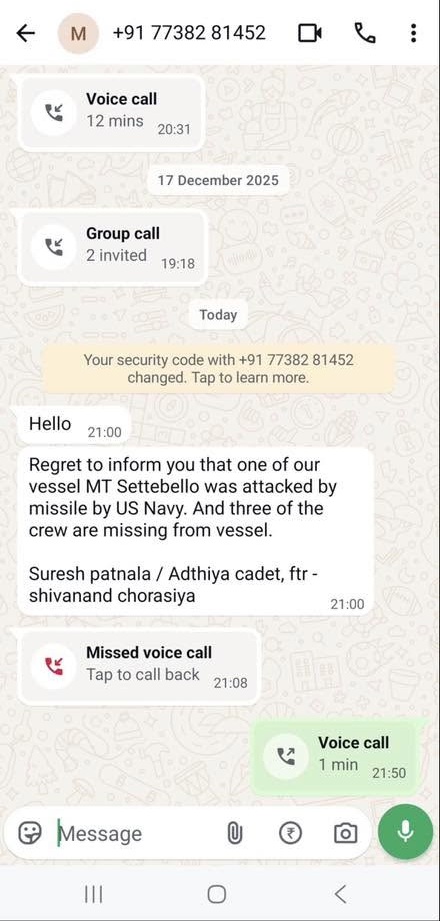 Screenshot | No. 1 Indian Media News Portal WhatsApp chat screen showing voice call and group call entries, a security alert, and a missed-voice-call notification in a conversation about a vessel attack.
