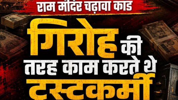Hindi news thumbnail: temple, stacks of cash, and a magnifying glass over a ledger, highlighting temple offering fraud.Think: investigation into fraud in temple donations.