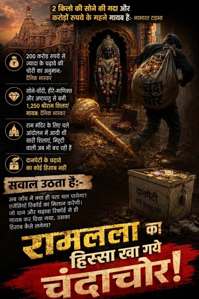 ram temple cash | No. 1 Indian Media News Portal मंदिर के सामने सोना ले जाते चोर के साथ ग्राफिक पोस्टर; बाईं तरफ चोर-सूट पर लिखी सूचनात्मक सूची और बड़े हिंदी टेक्स्ट में संदेश साफ दिख रहा है।